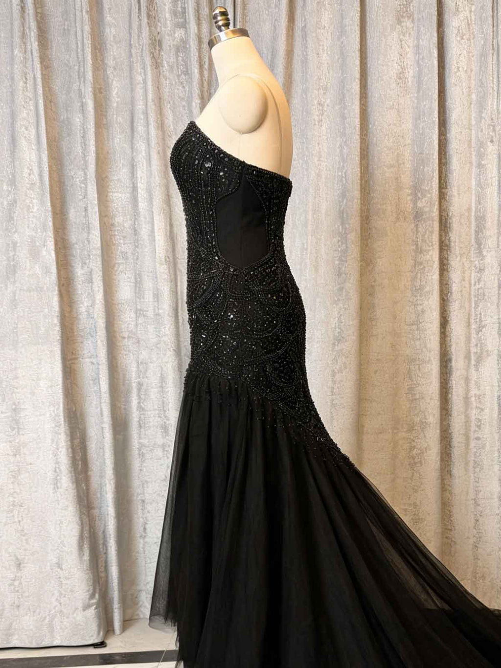 Luxury Black Crystal Embellished Evening Dress with Sweep Train