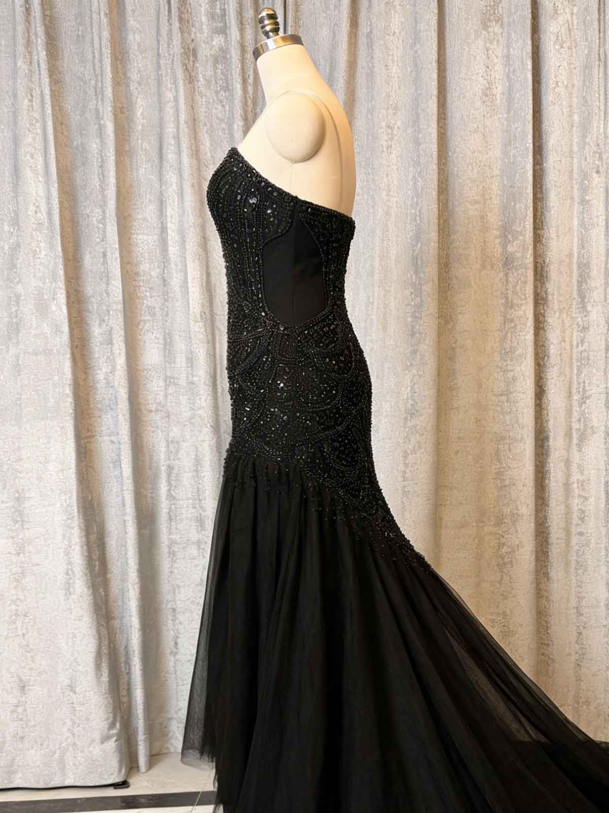 Luxury Black Crystal Embellished Evening Dress with Sweep Train