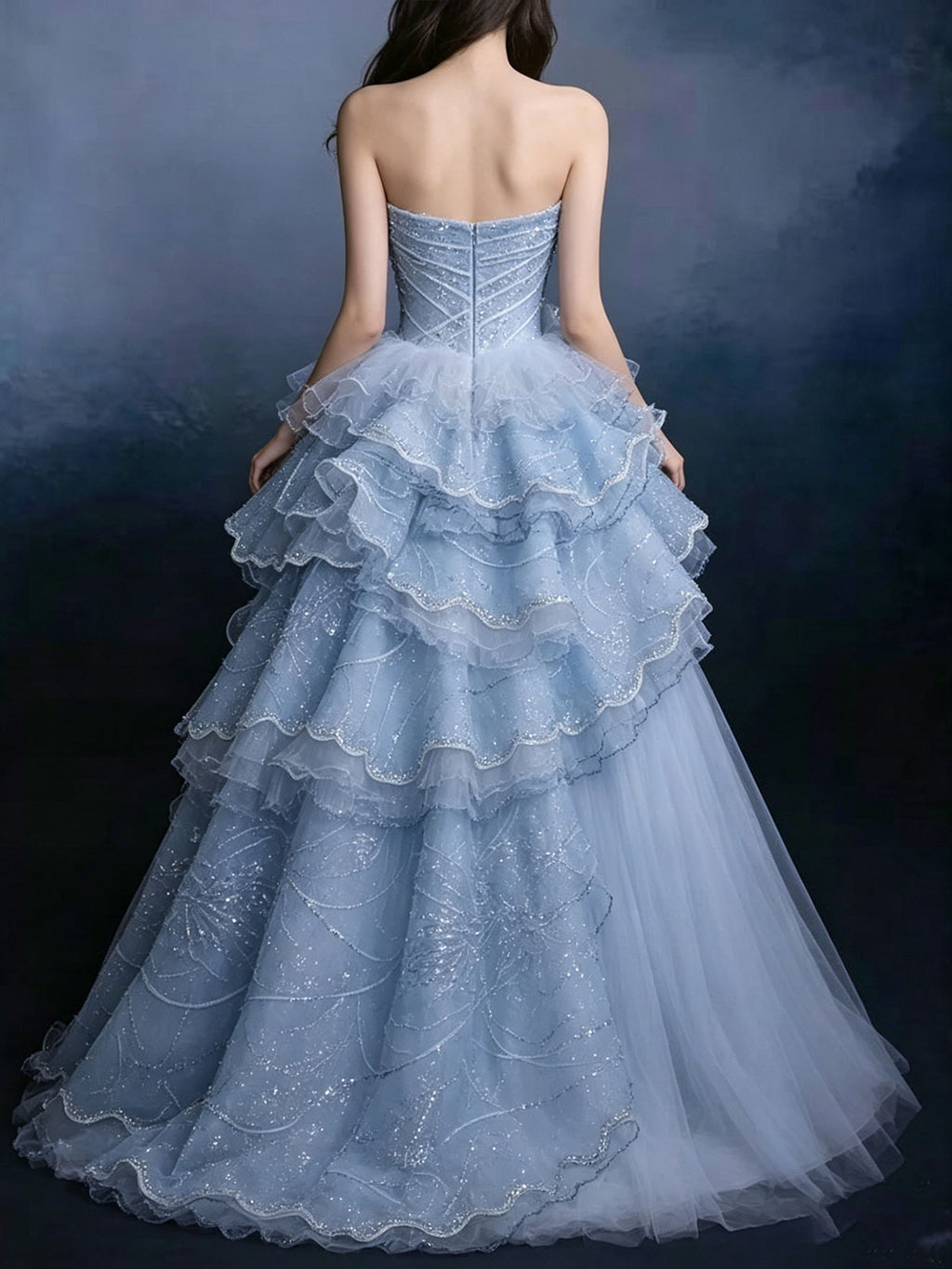 Strapless Blue Ruffled Layer Tulle Asymmetrical Evening Gown
