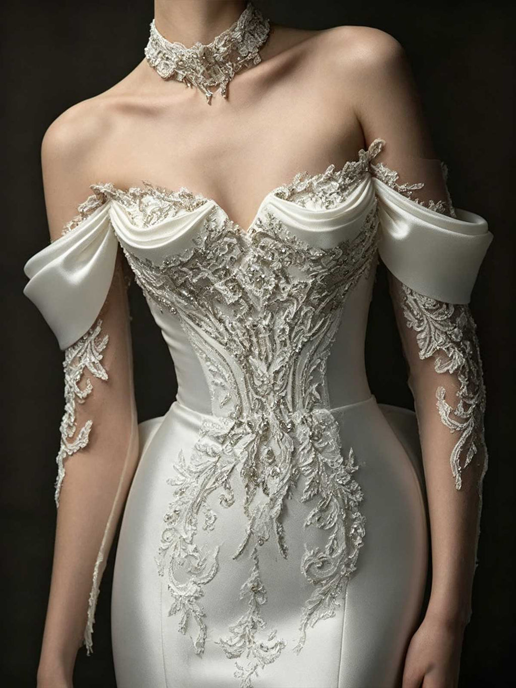 Off-the-Shoulder Satin Mermaid Wedding Dress with Lace Bodice & Sheer Sleeves
