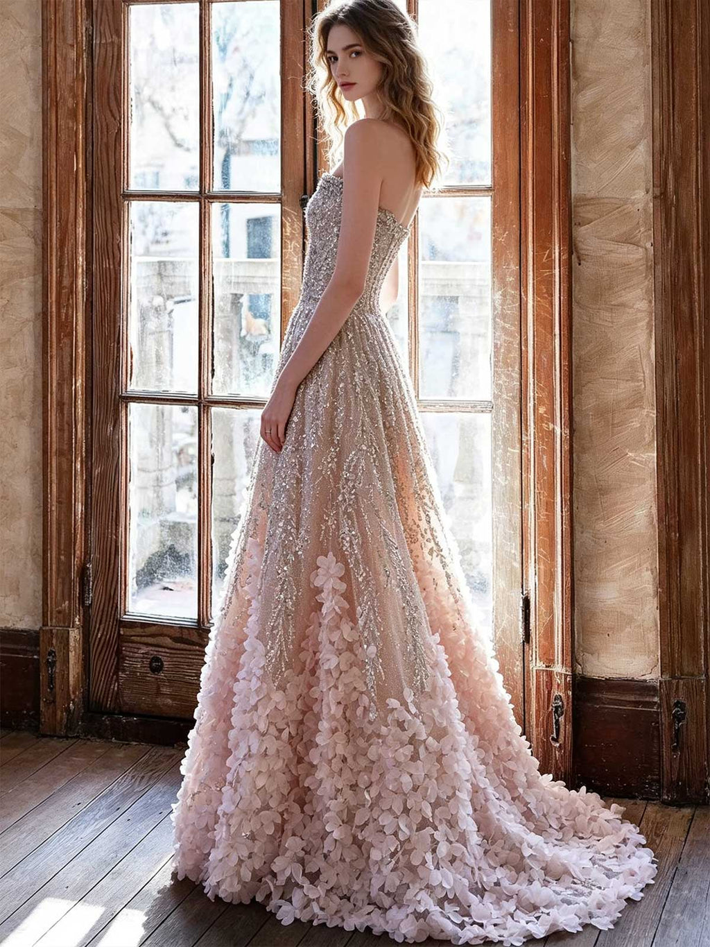 Blush Gold 3D Petal Strapless A-Line Evening Gown