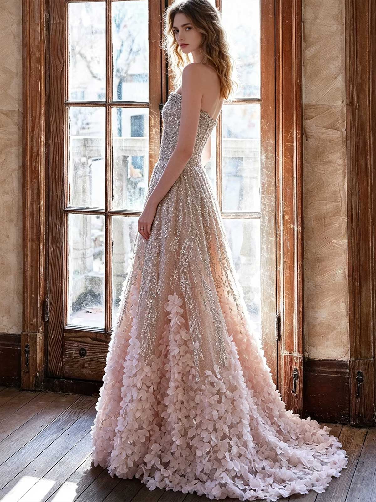Blush Gold 3D Petal Strapless A-Line Evening Gown