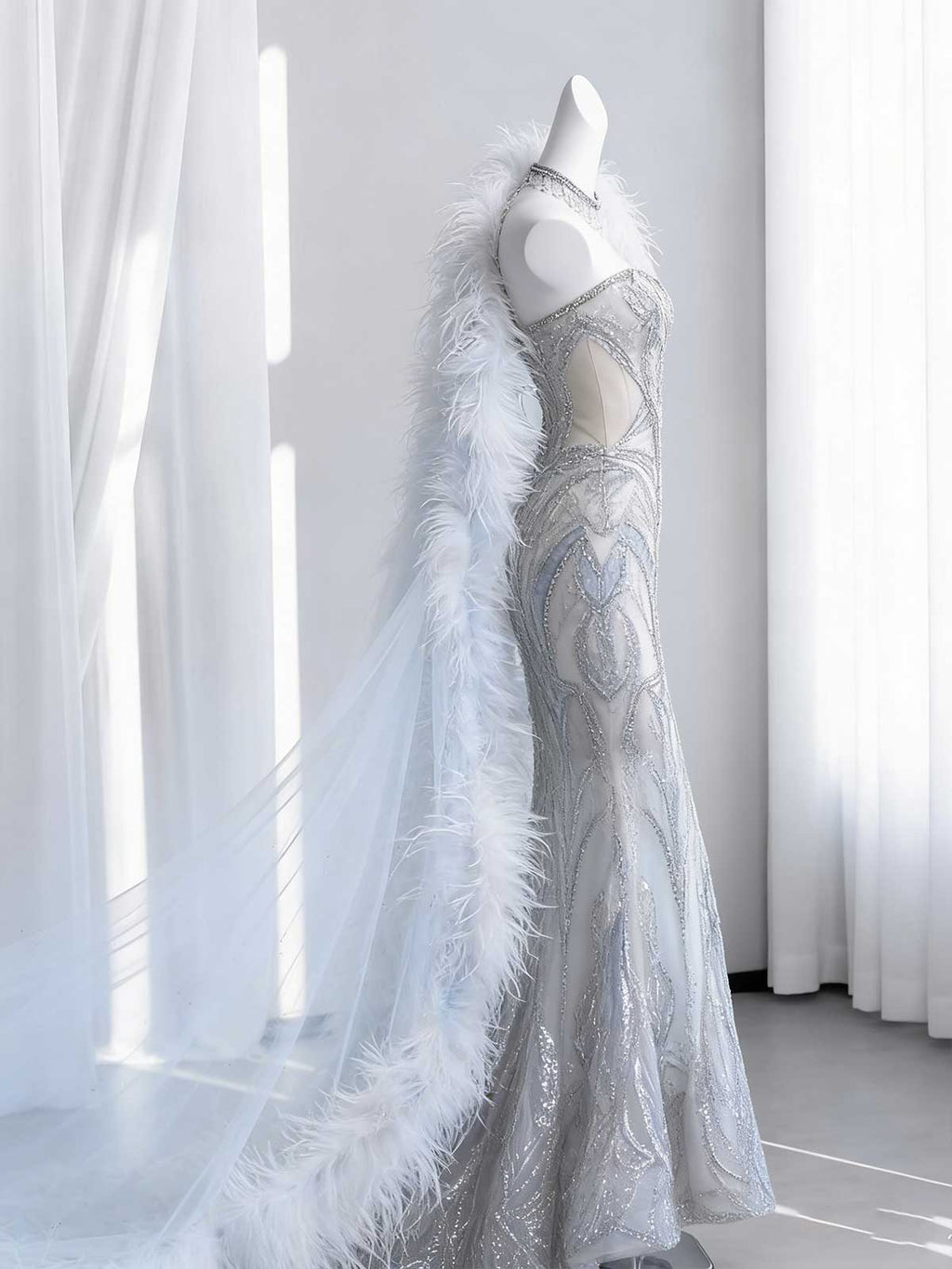 Silver Beaded Feather Mermaid Evening Gown