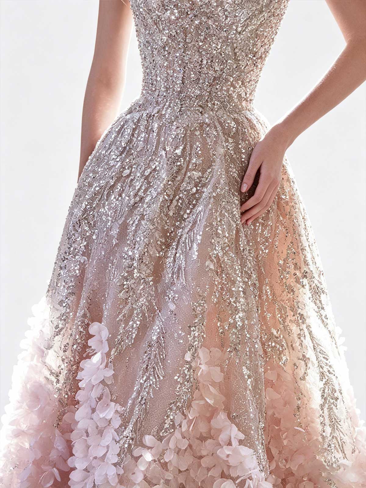 Blush Gold 3D Petal Strapless A-Line Evening Gown