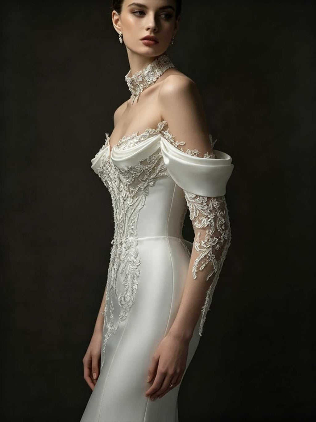 Off-the-Shoulder Satin Mermaid Wedding Dress with Lace Bodice & Sheer Sleeves