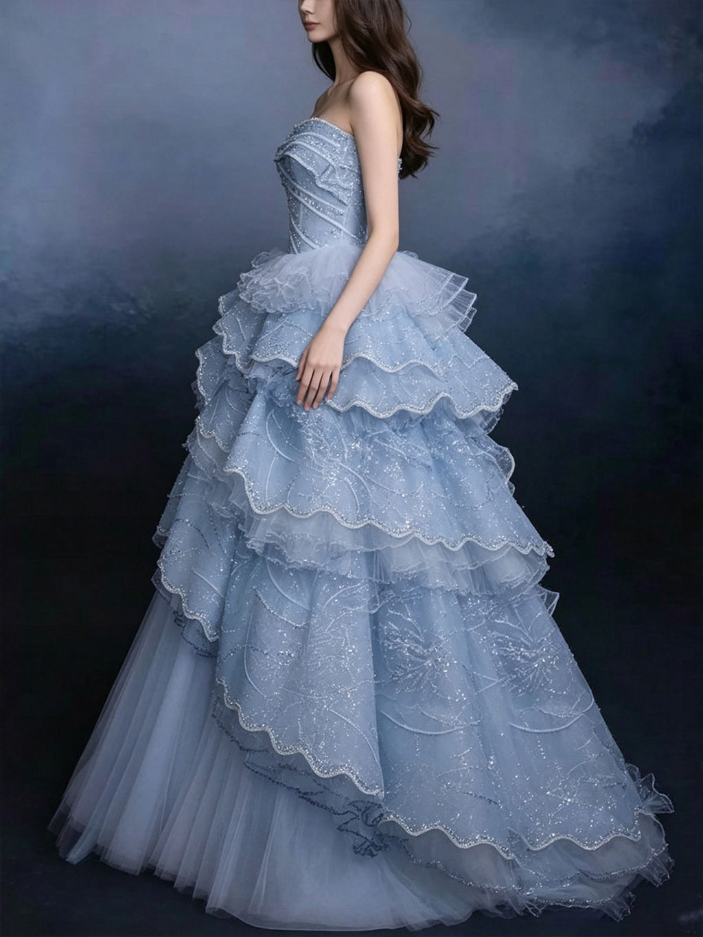 Strapless Blue Ruffled Layer Tulle Asymmetrical Evening Gown