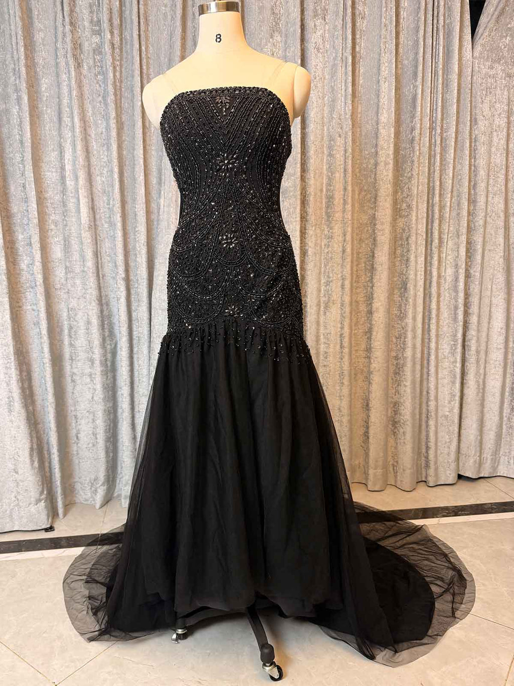 Luxury Black Crystal Embellished Evening Dress with Sweep Train