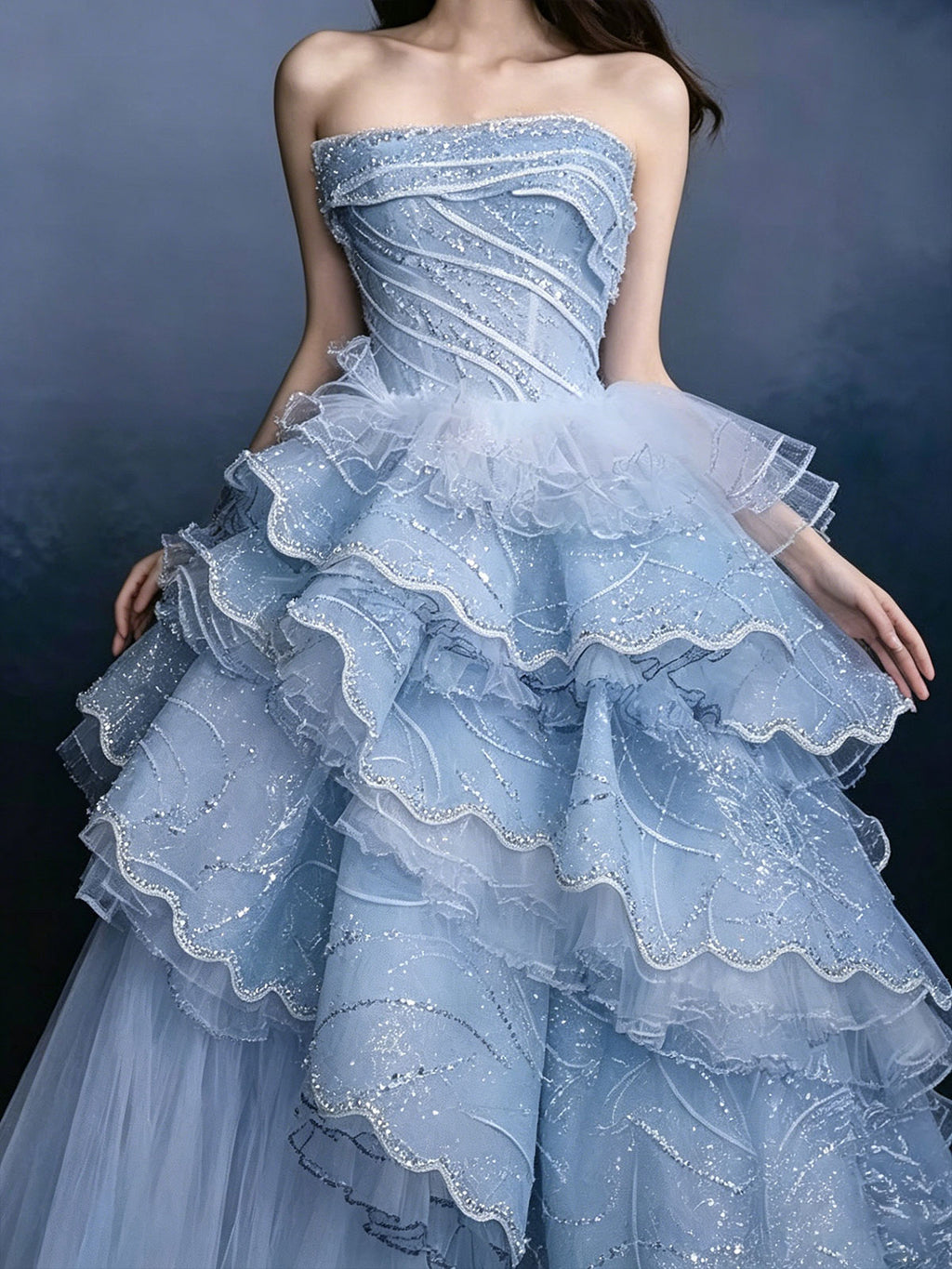 Strapless Blue Ruffled Layer Tulle Asymmetrical Evening Gown