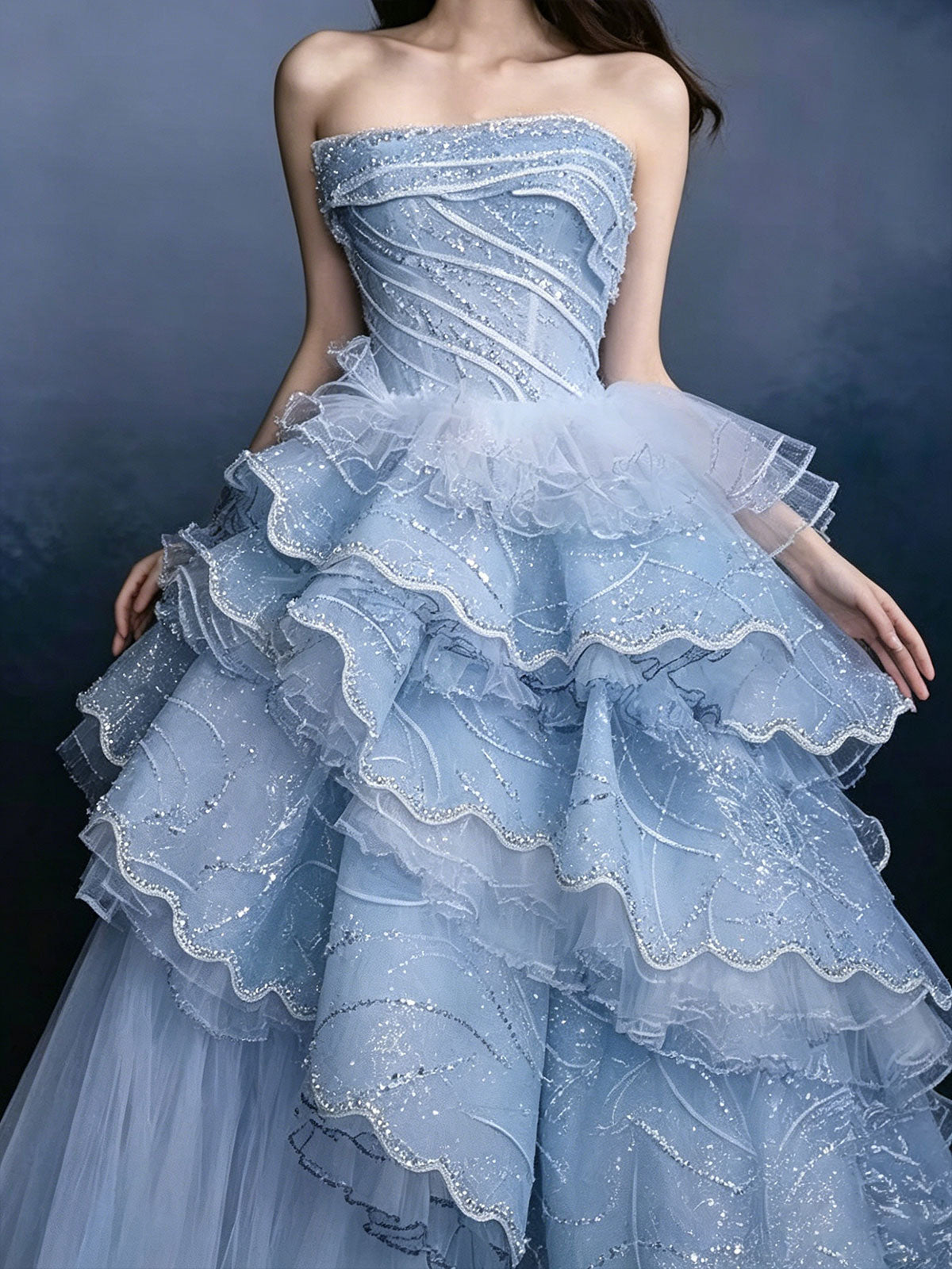 Strapless Blue Ruffled Layer Tulle Asymmetrical Evening Gown
