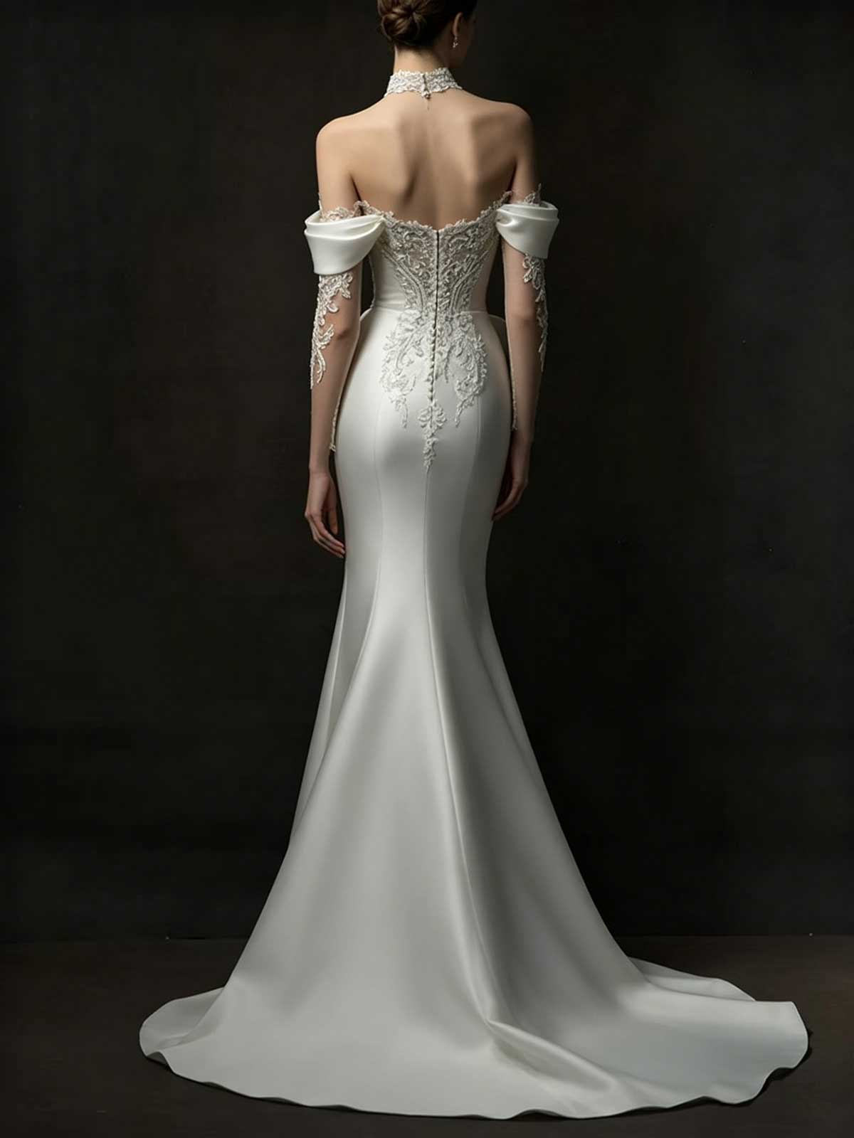 Off-the-Shoulder Satin Mermaid Wedding Dress with Lace Bodice & Sheer Sleeves