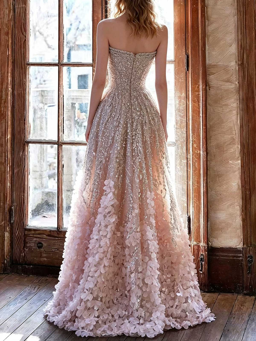 Blush Gold 3D Petal Strapless A-Line Evening Gown