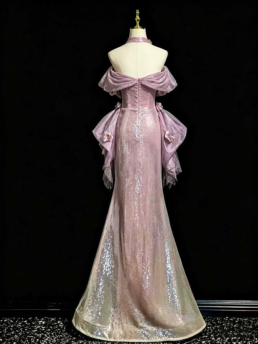 Lavender Off-the-Shoulder Ombre Sequin Mermaid Evening Gown with Choker