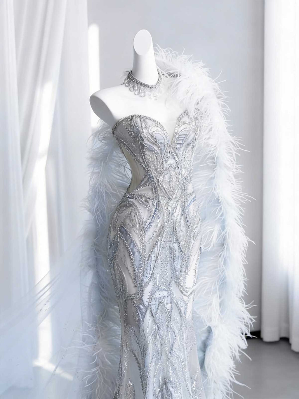 Silver Beaded Feather Mermaid Evening Gown