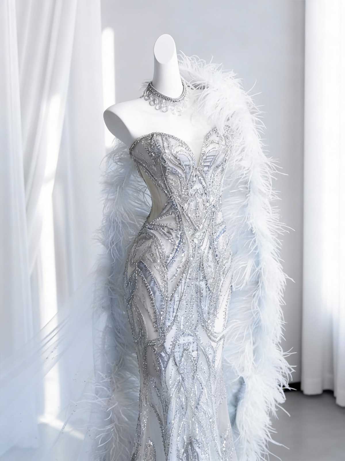 Silver Beaded Feather Mermaid Evening Gown