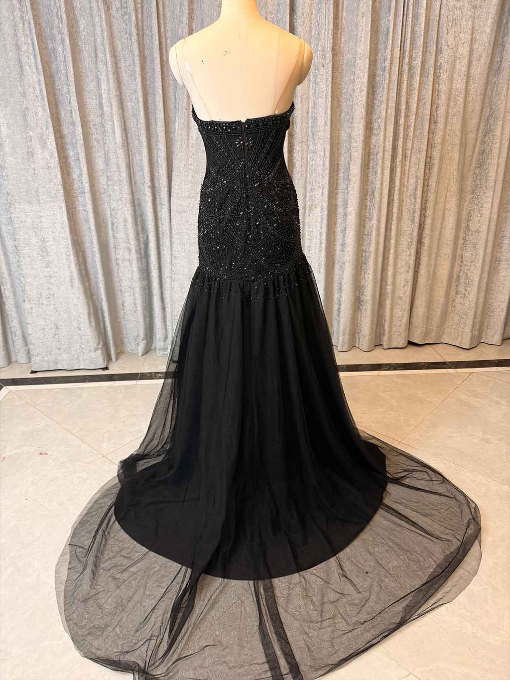 Luxury Black Crystal Embellished Evening Dress with Sweep Train