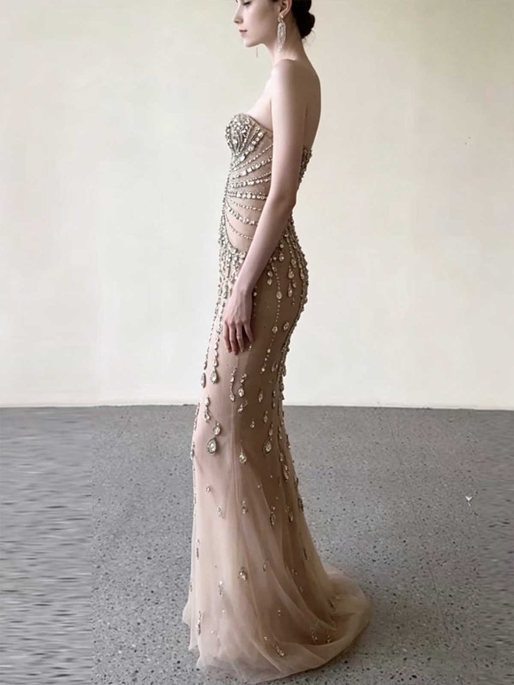 Nude Crystal & Pearl Embellished Mermaid Evening Gown with Cutout Waist