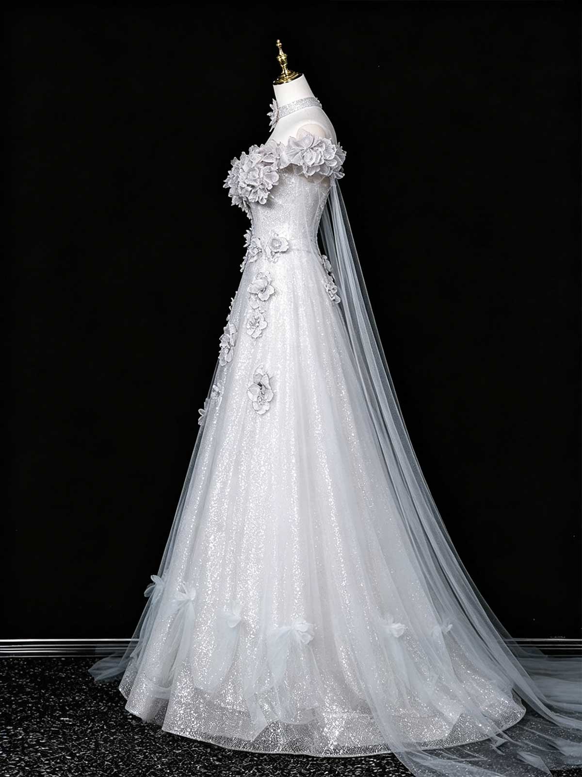 White Off-the-Shoulder Sequin Ball Gown with 3D Floral Appliqués and Cape Train