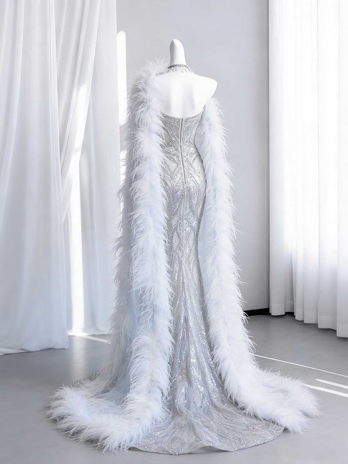 Silver Beaded Feather Mermaid Evening Gown