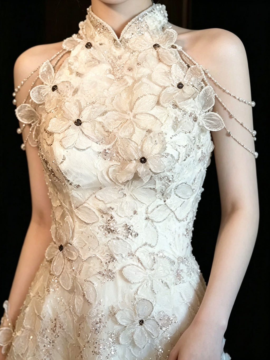 High Neck Floral Lace Spaghetti Strap A-Line Formal Gown