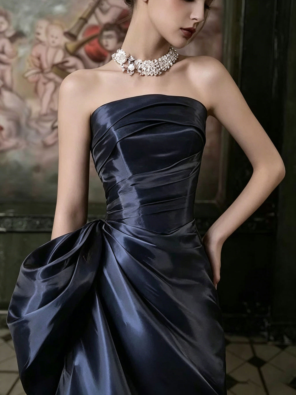 Midnight Blue Strapless Satin Evening Gown with Draped Bodice
