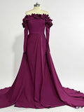 Luxury Purple Floral-Embellished Formal Gown with Sweep Train