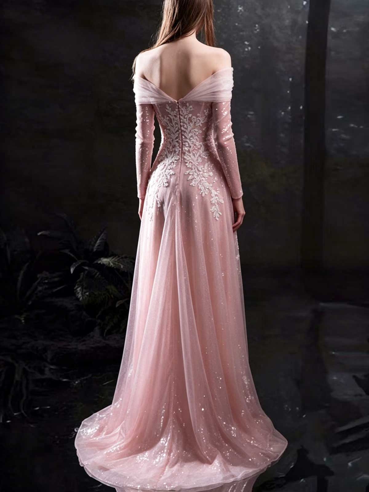 Blush Pink Lace Off-the-Shoulder Long Sleeve Mermaid Wedding Dress