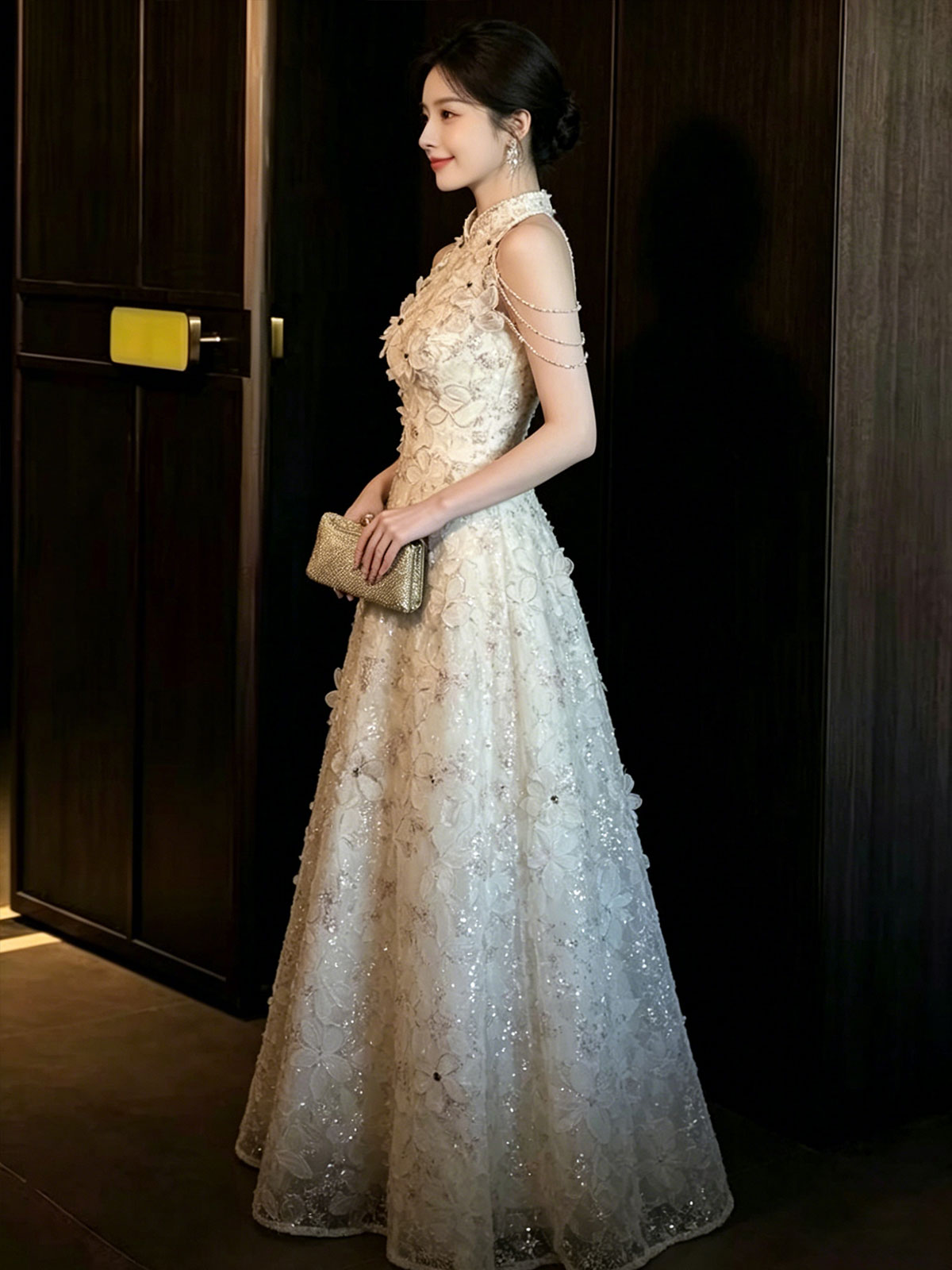 High Neck Floral Lace Spaghetti Strap A-Line Formal Gown