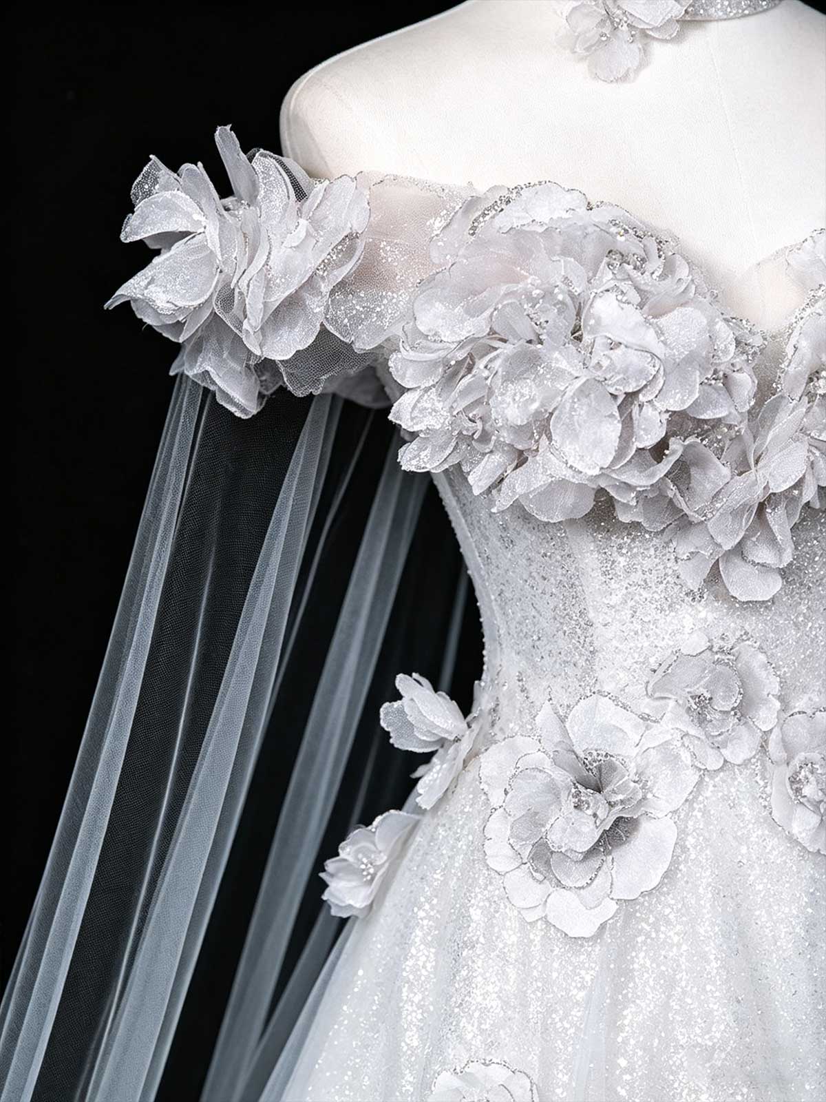 White Off-the-Shoulder Sequin Ball Gown with 3D Floral Appliqués and Cape Train