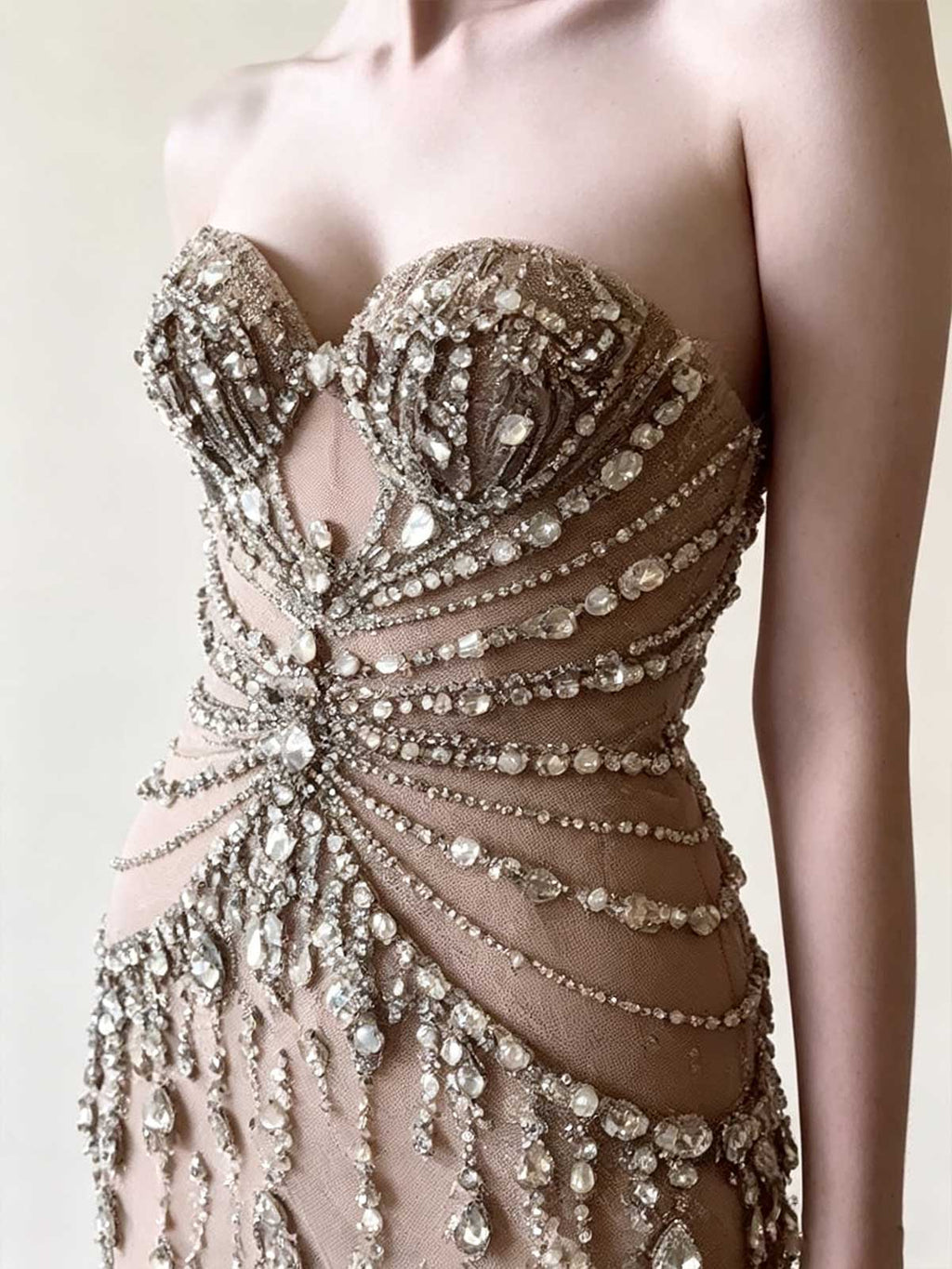 Nude Crystal & Pearl Embellished Mermaid Evening Gown with Cutout Waist
