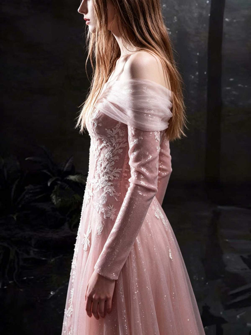 Blush Pink Lace Off-the-Shoulder Long Sleeve Mermaid Wedding Dress