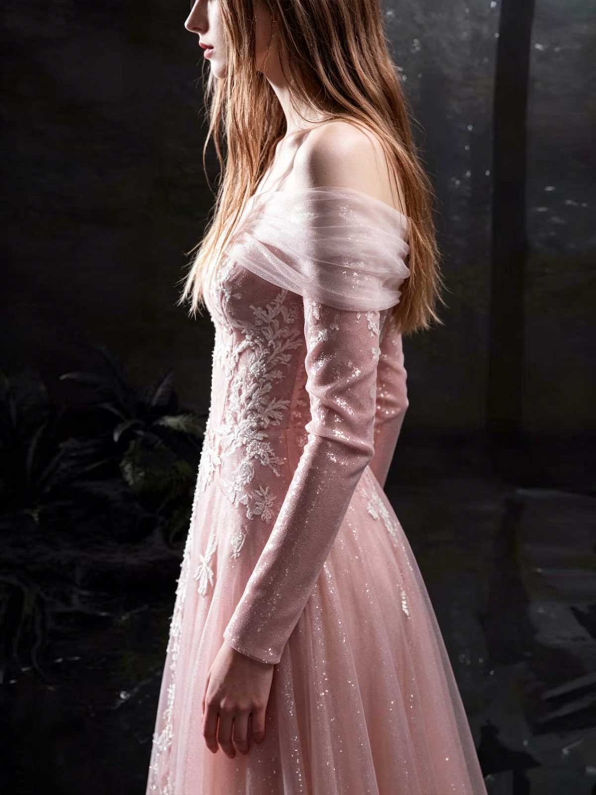 Blush Pink Lace Off-the-Shoulder Long Sleeve Mermaid Wedding Dress