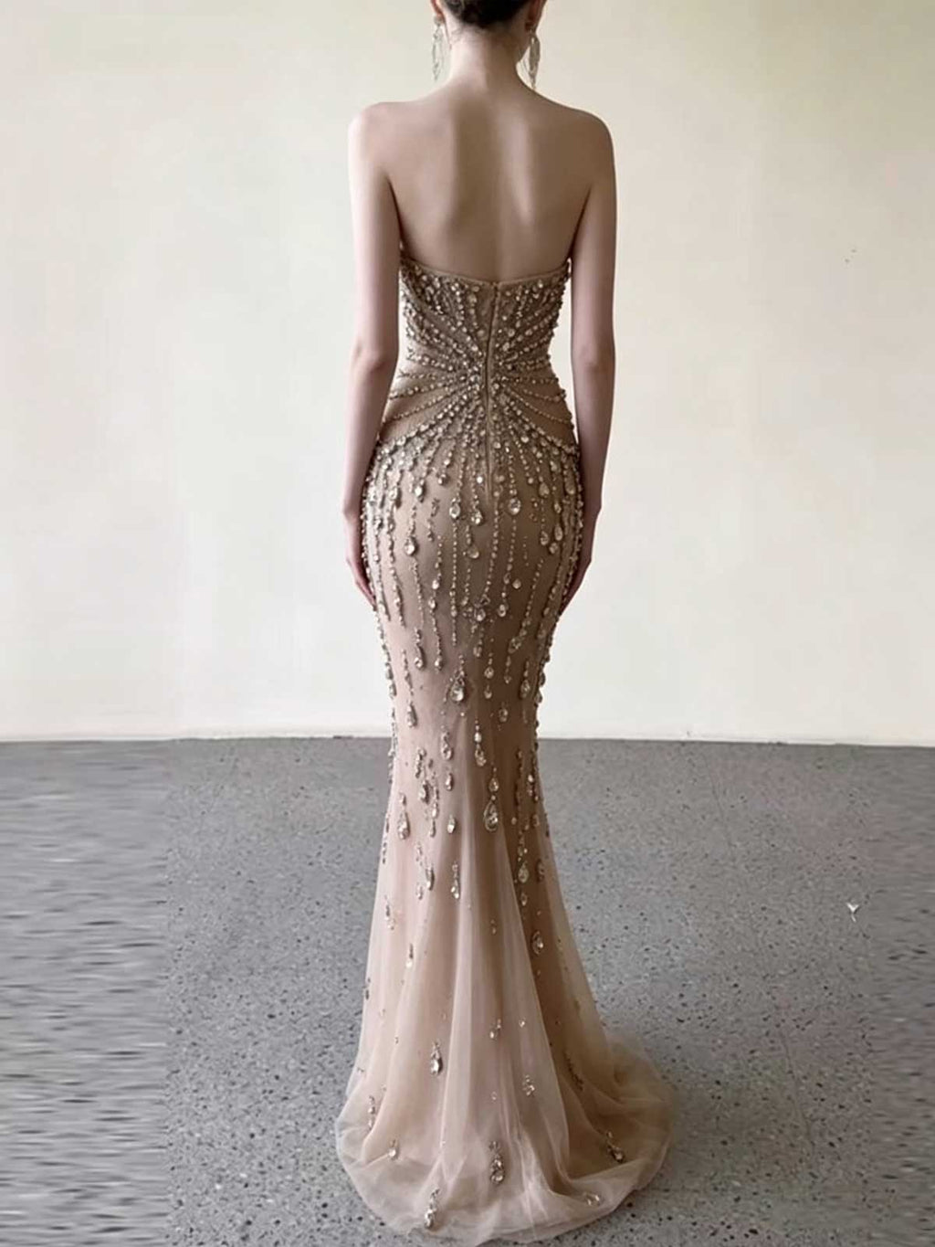 Nude Crystal & Pearl Embellished Mermaid Evening Gown with Cutout Waist