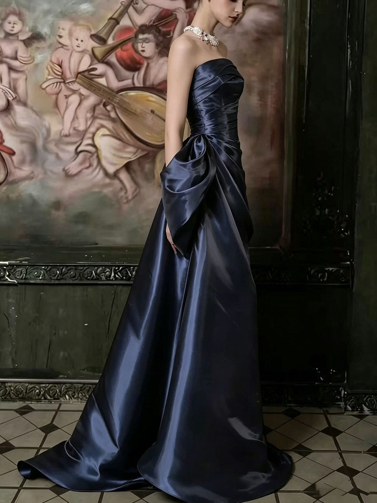 Midnight Blue Strapless Satin Evening Gown with Draped Bodice