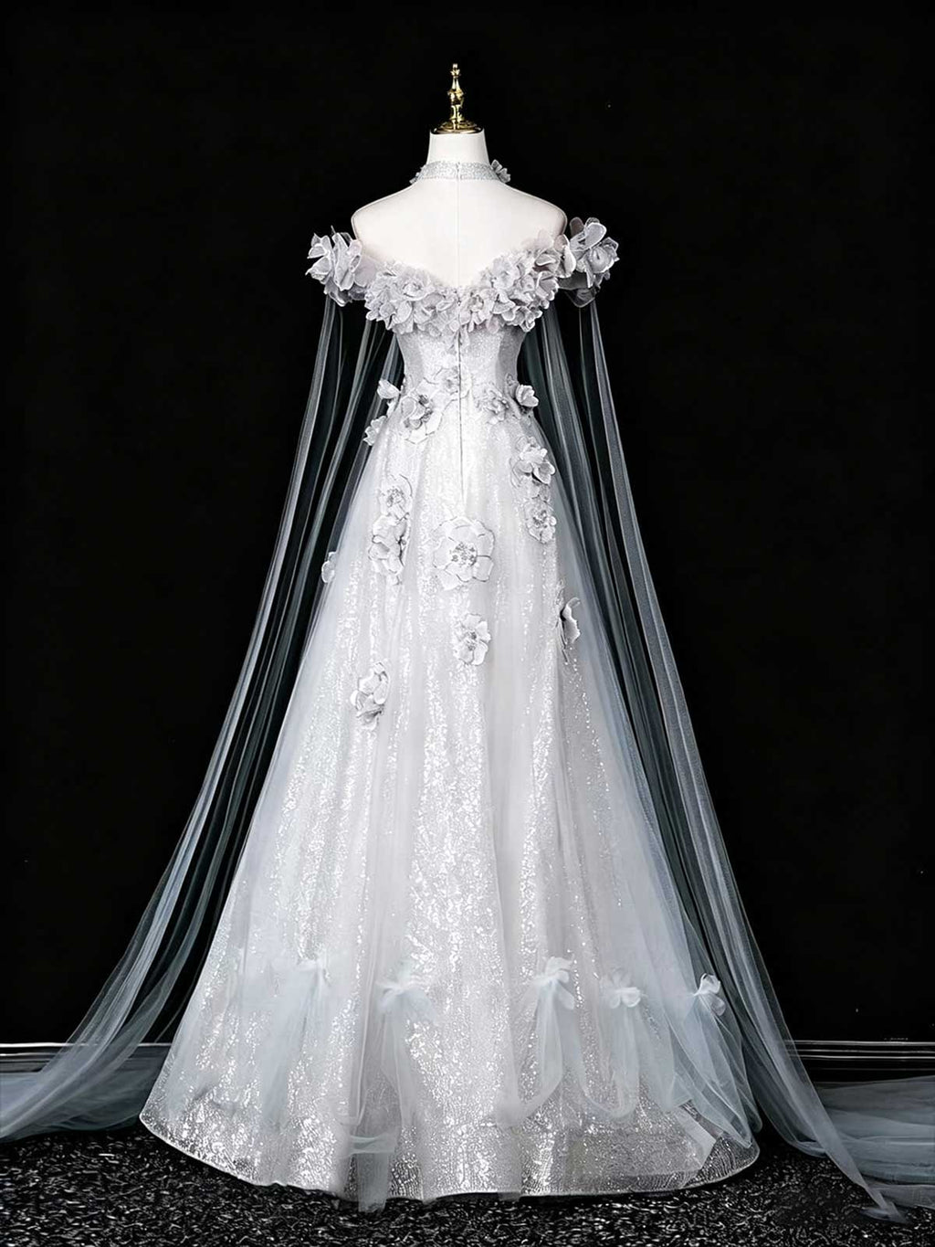 White Off-the-Shoulder Sequin Ball Gown with 3D Floral Appliqués and Cape Train