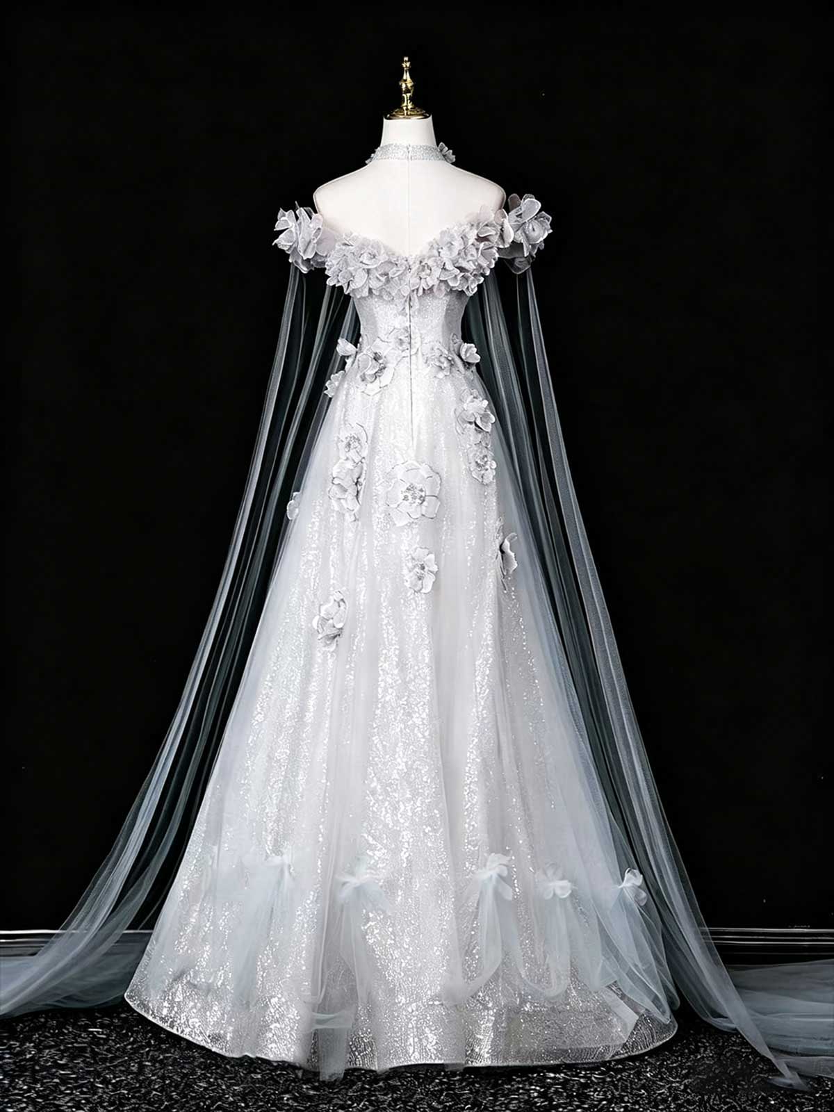 White Off-the-Shoulder Sequin Ball Gown with 3D Floral Appliqués and Cape Train