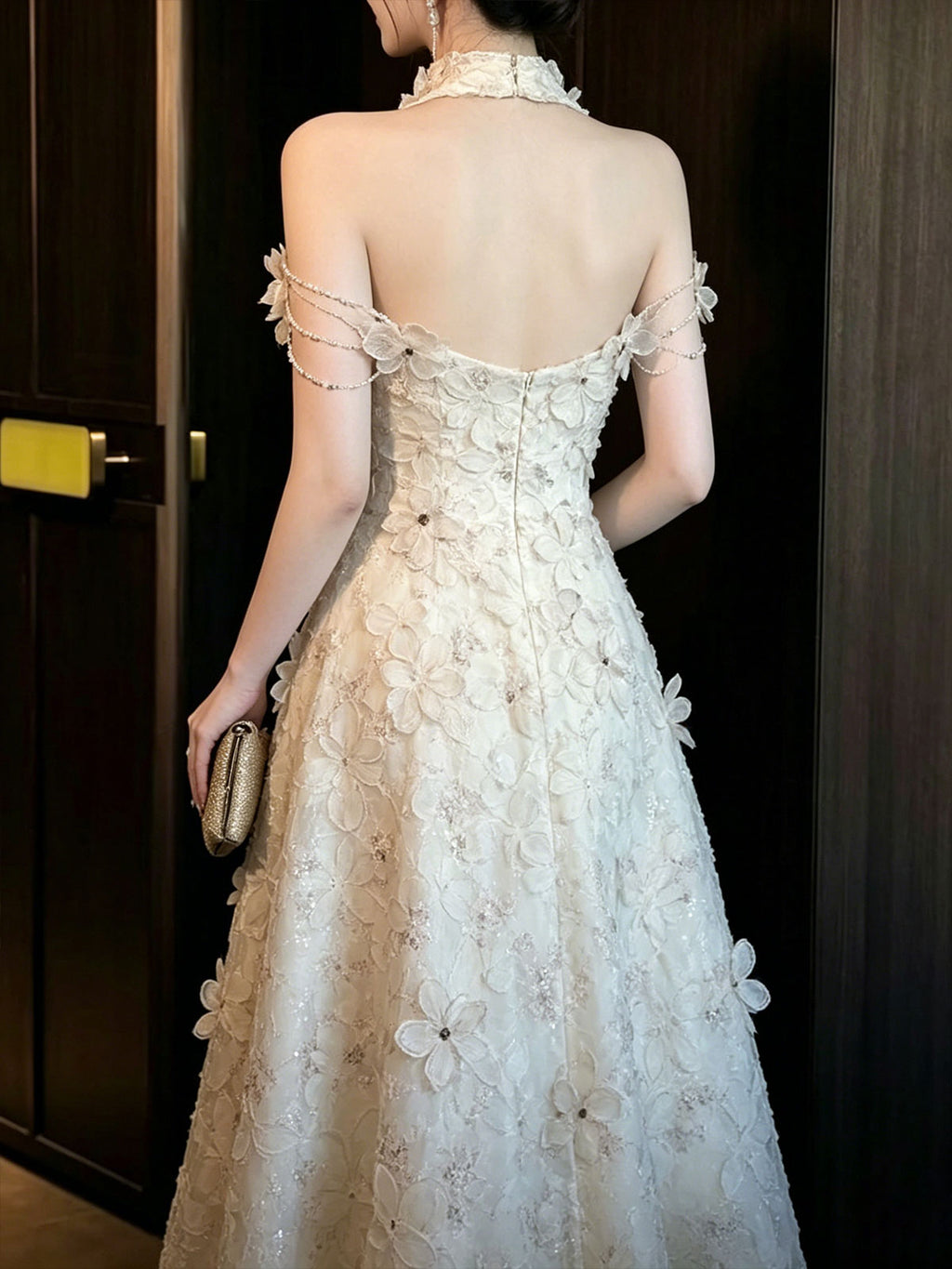 High Neck Floral Lace Spaghetti Strap A-Line Formal Gown
