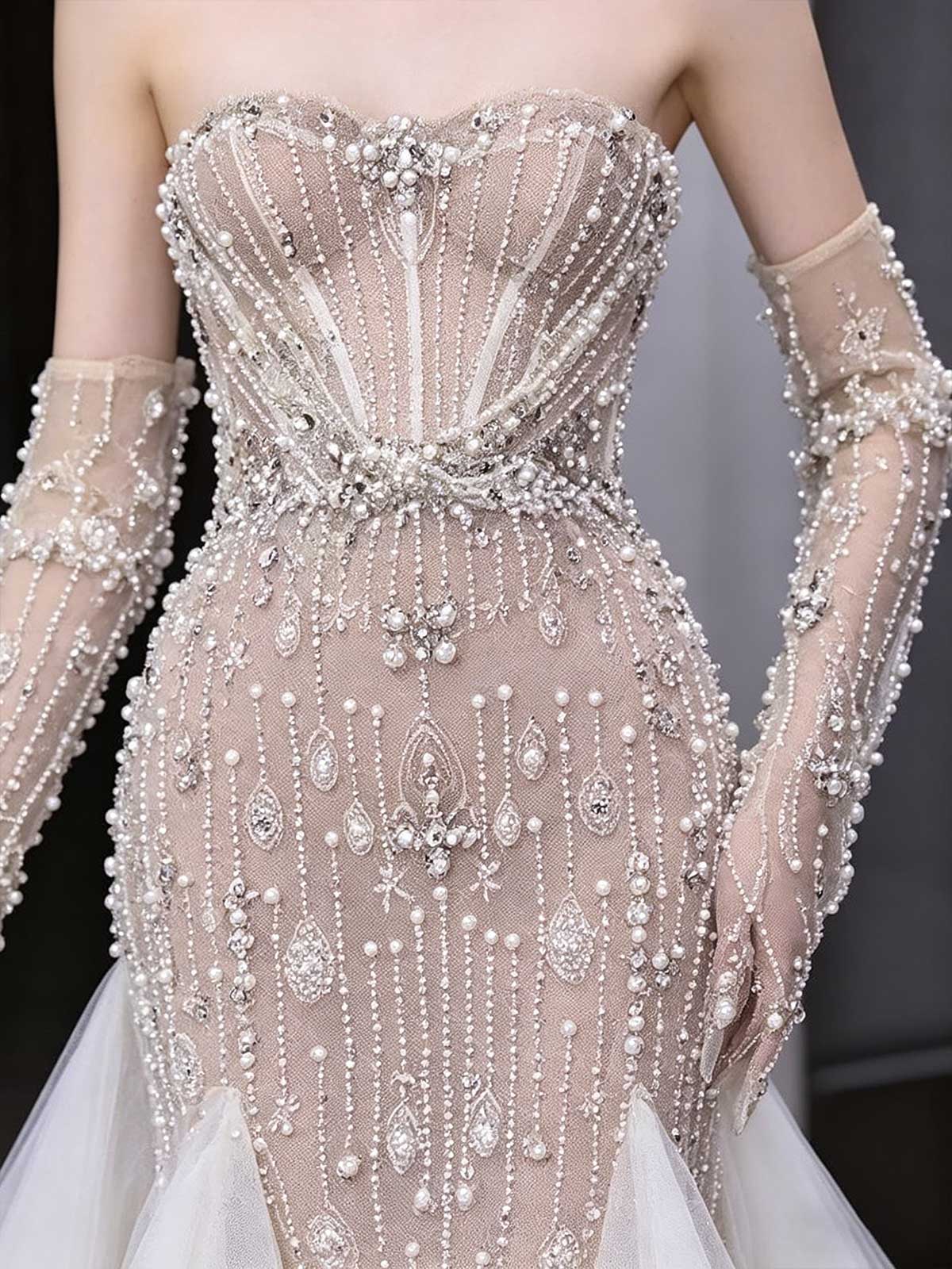 Ivory Pearl Beaded Sheer Strapless Mermaid Evening Gown with Gloves