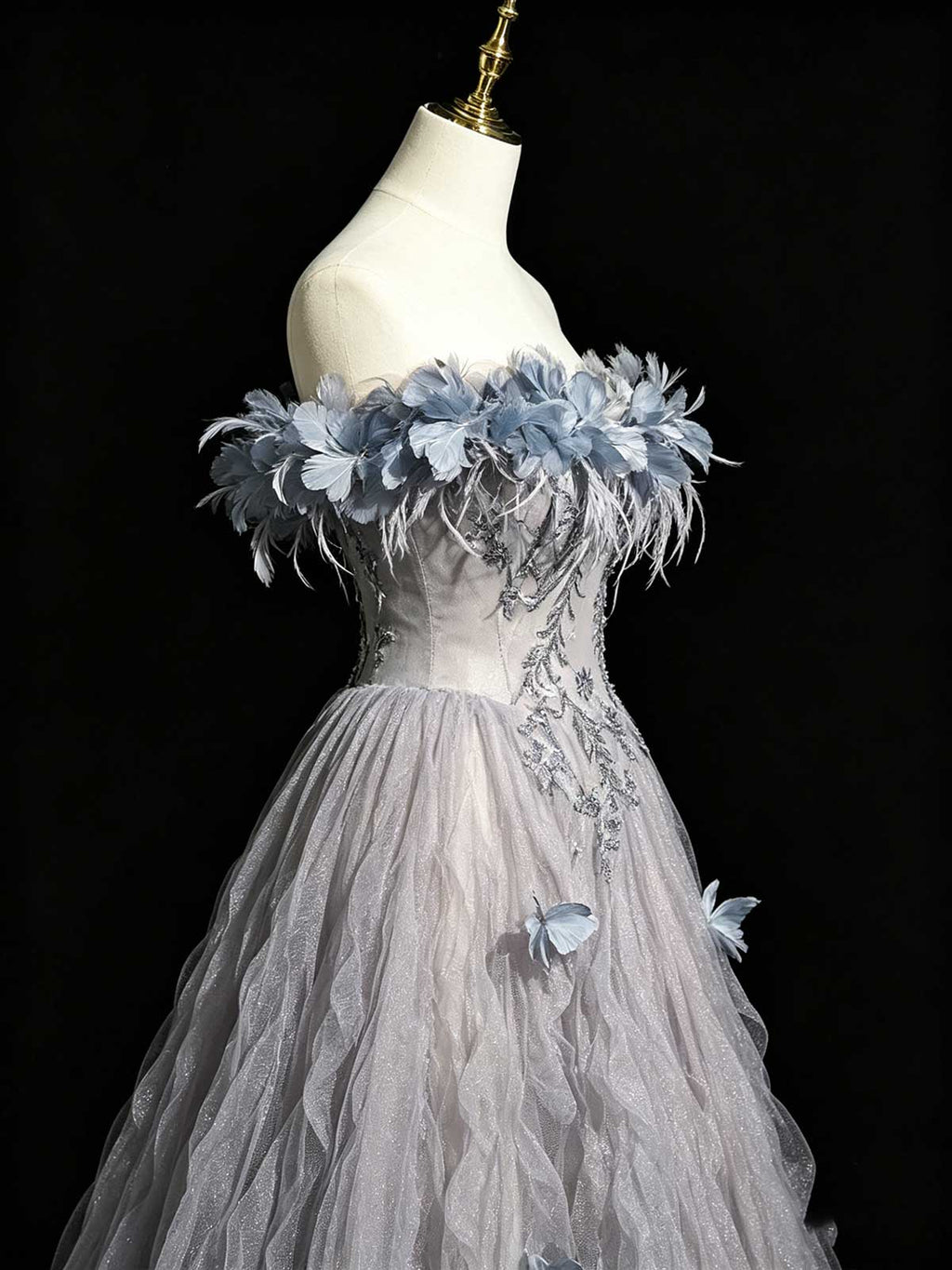 Dusty Blue Off-the-Shoulder Evening Gown with Feather & Floral Appliqués
