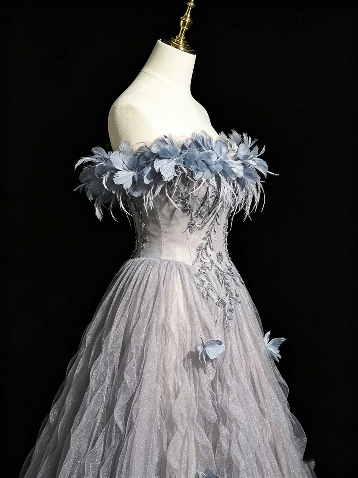 Dusty Blue Off-the-Shoulder Evening Gown with Feather & Floral Appliqués