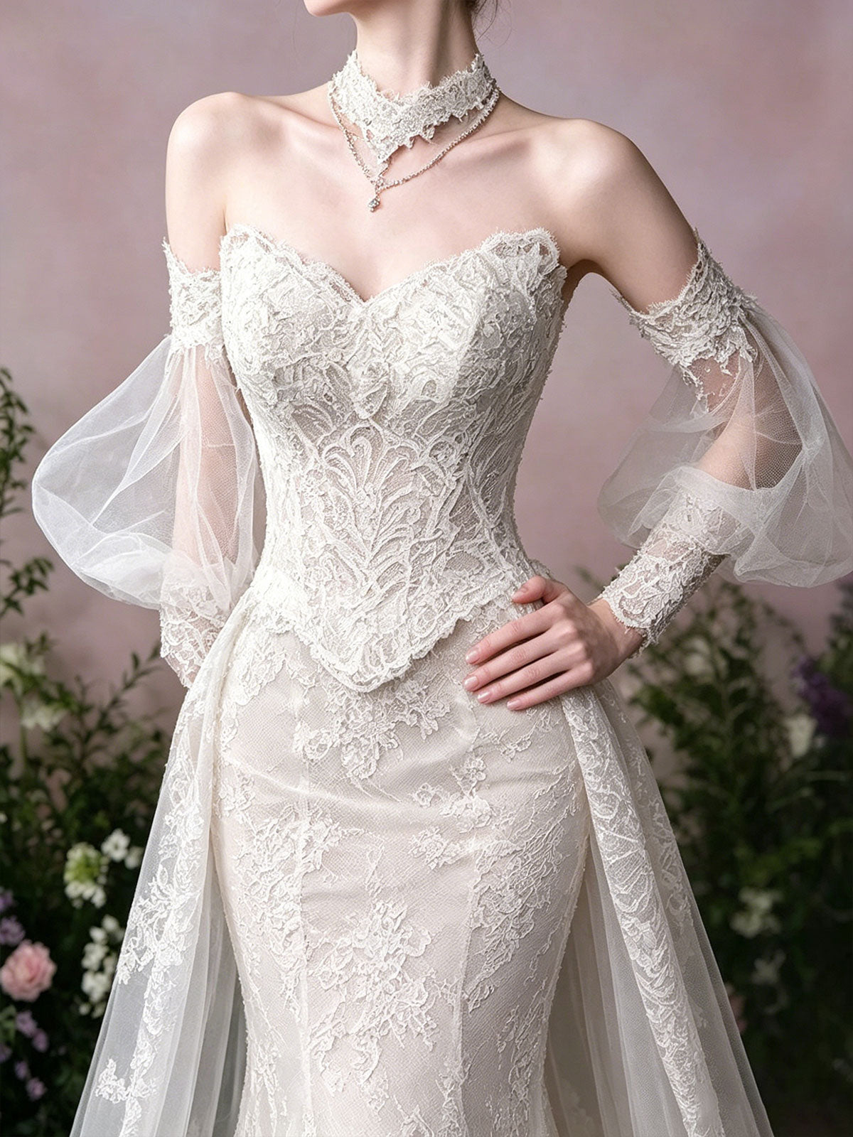 Sweetheart Puff Sleeve Lace Mermaid Chapel Train Wedding Dress