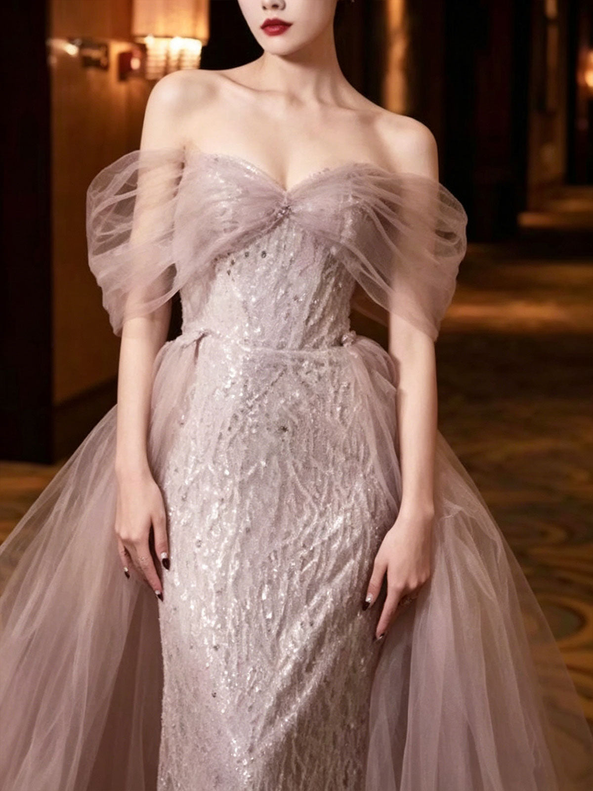 Lavender Off-the-Shoulder Tulle Evening Gown with Beaded Mermaid Skirt
