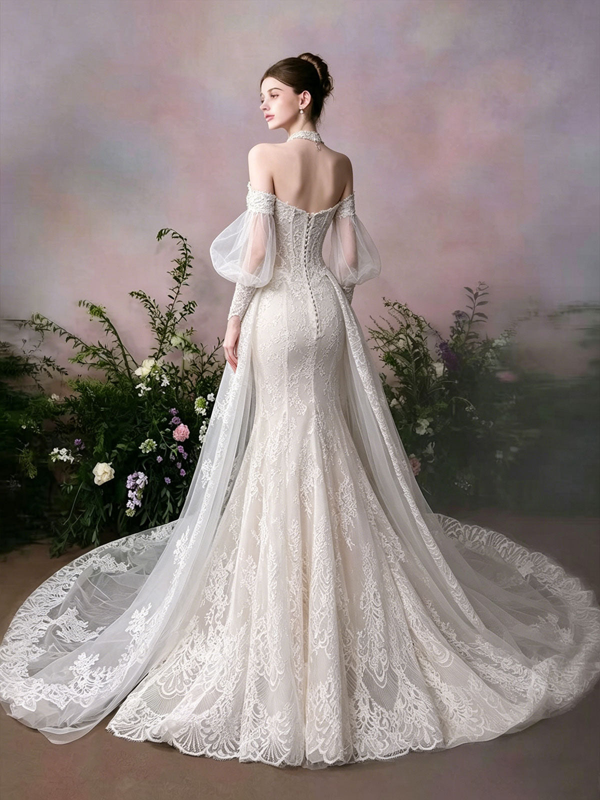 Sweetheart Puff Sleeve Lace Mermaid Chapel Train Wedding Dress