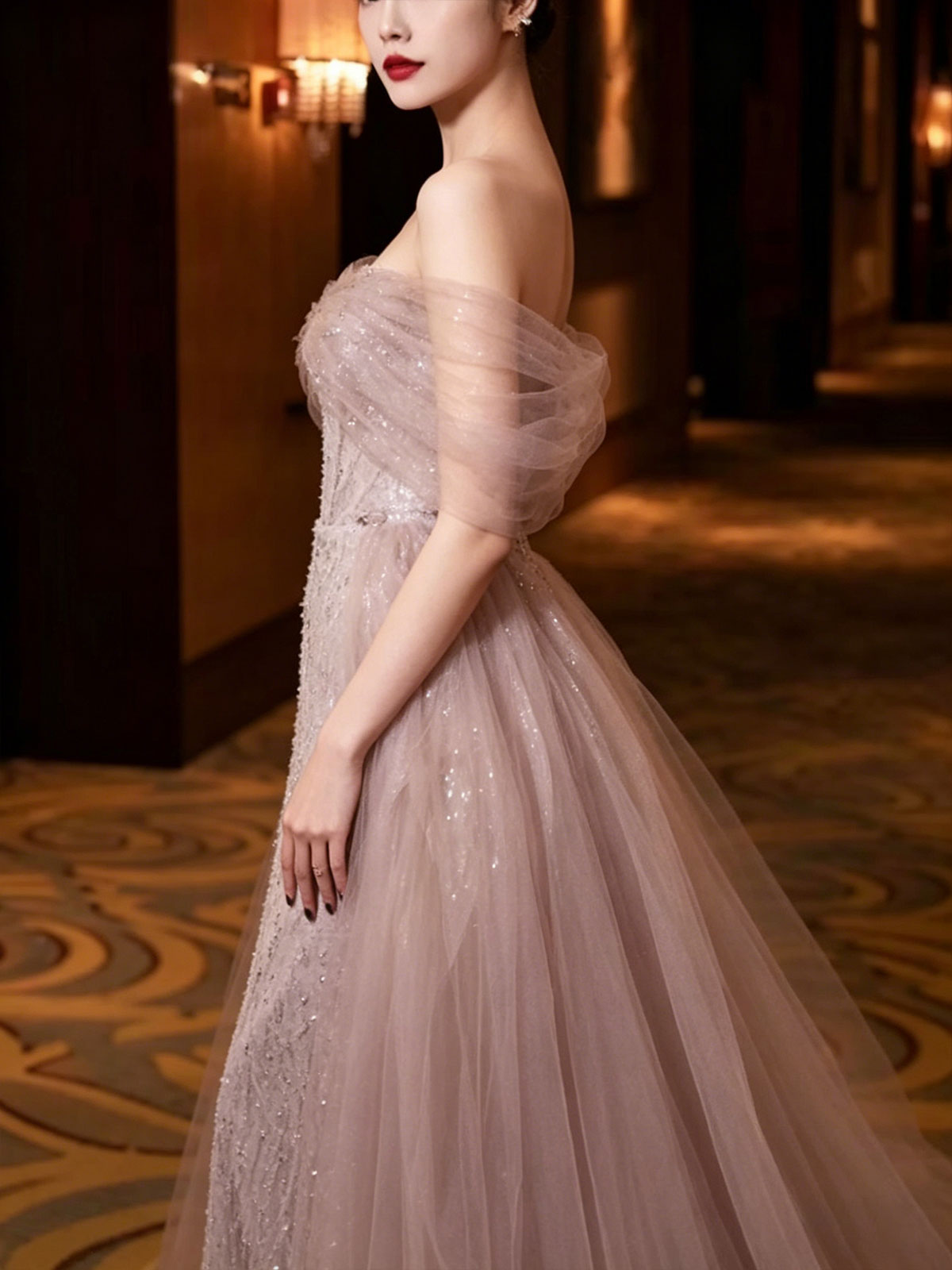 Lavender Off-the-Shoulder Tulle Evening Gown with Beaded Mermaid Skirt