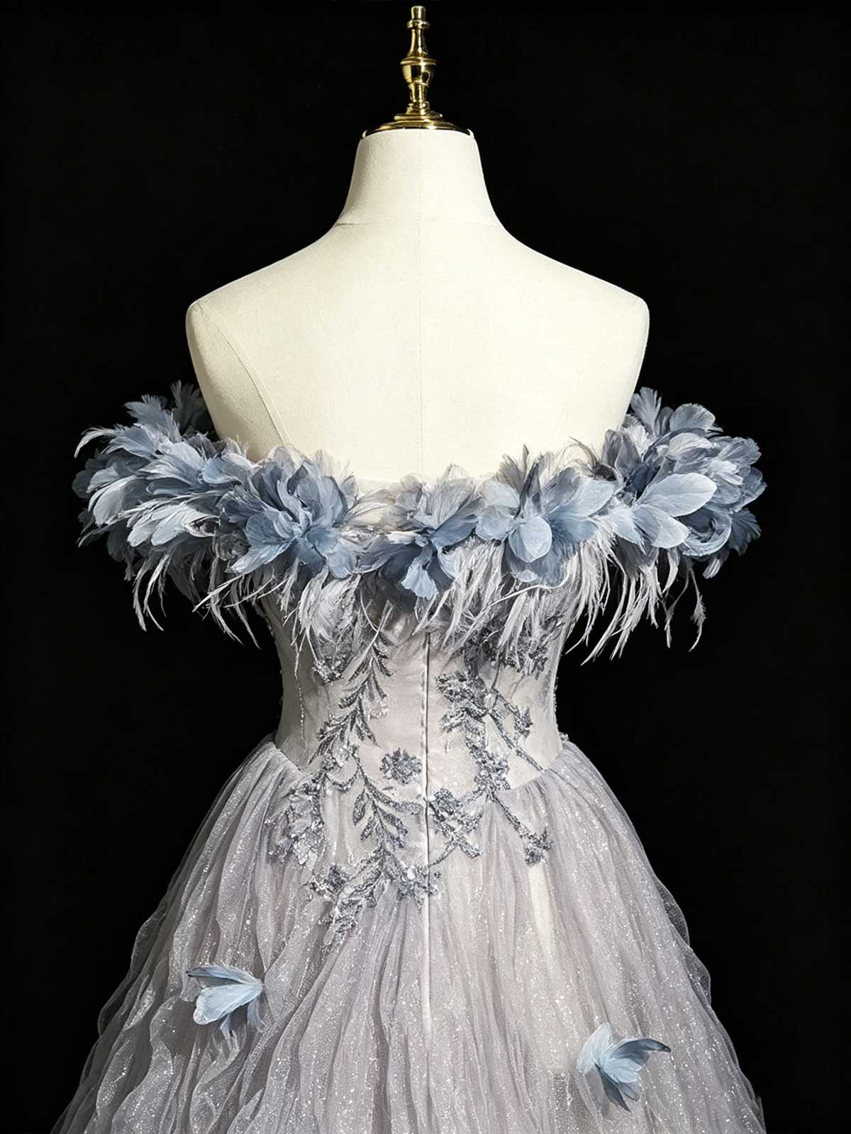 Dusty Blue Off-the-Shoulder Evening Gown with Feather & Floral Appliqués