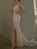Nude Strapless Sequin Mermaid Evening Gown with High Slit & Sheer Train