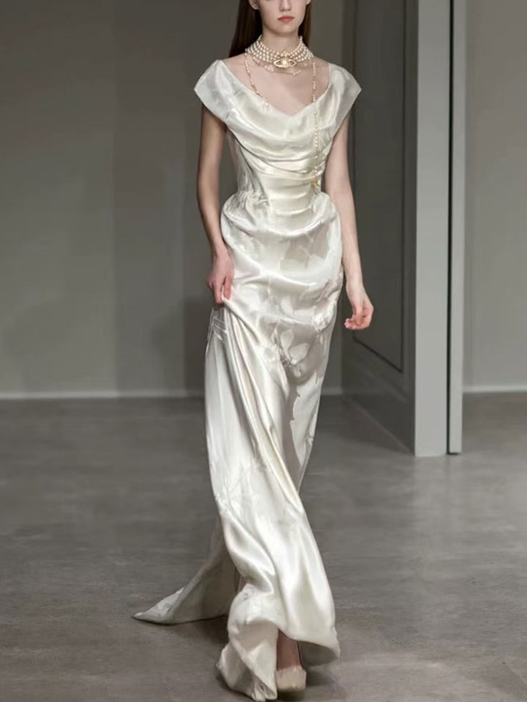 Ivory Jacquard Satin Cowl Neck Mermaid Wedding Dress