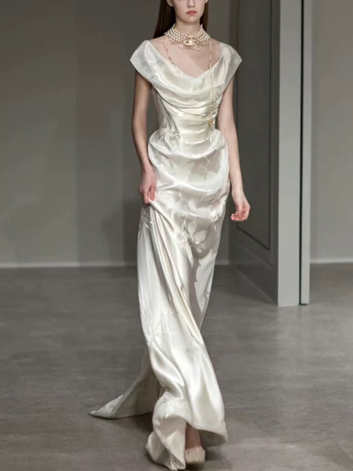 Ivory Jacquard Satin Cowl Neck Mermaid Wedding Dress