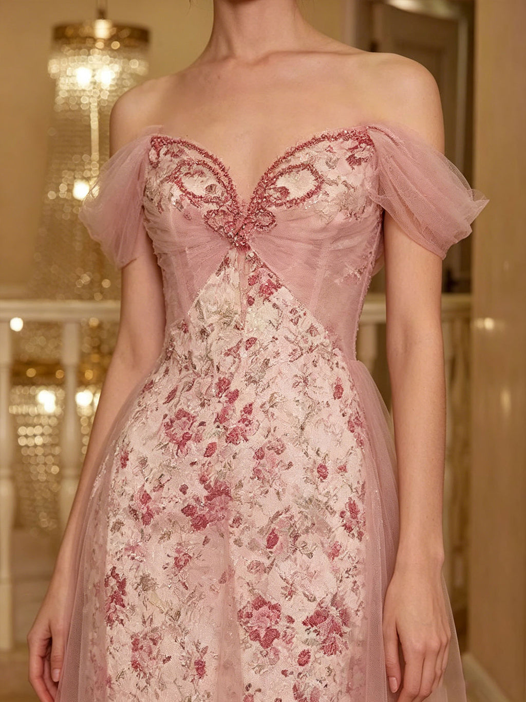Off Shoulder Pink Floral Print Tulle Overlay Midi Evening Dress Sweetheart Formal Gown