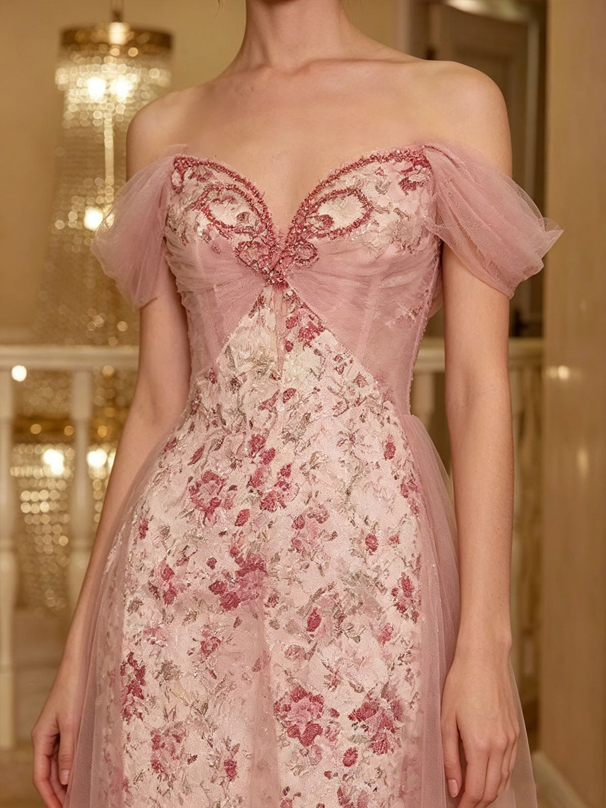 Off Shoulder Pink Floral Print Tulle Overlay Midi Evening Dress Sweetheart Formal Gown