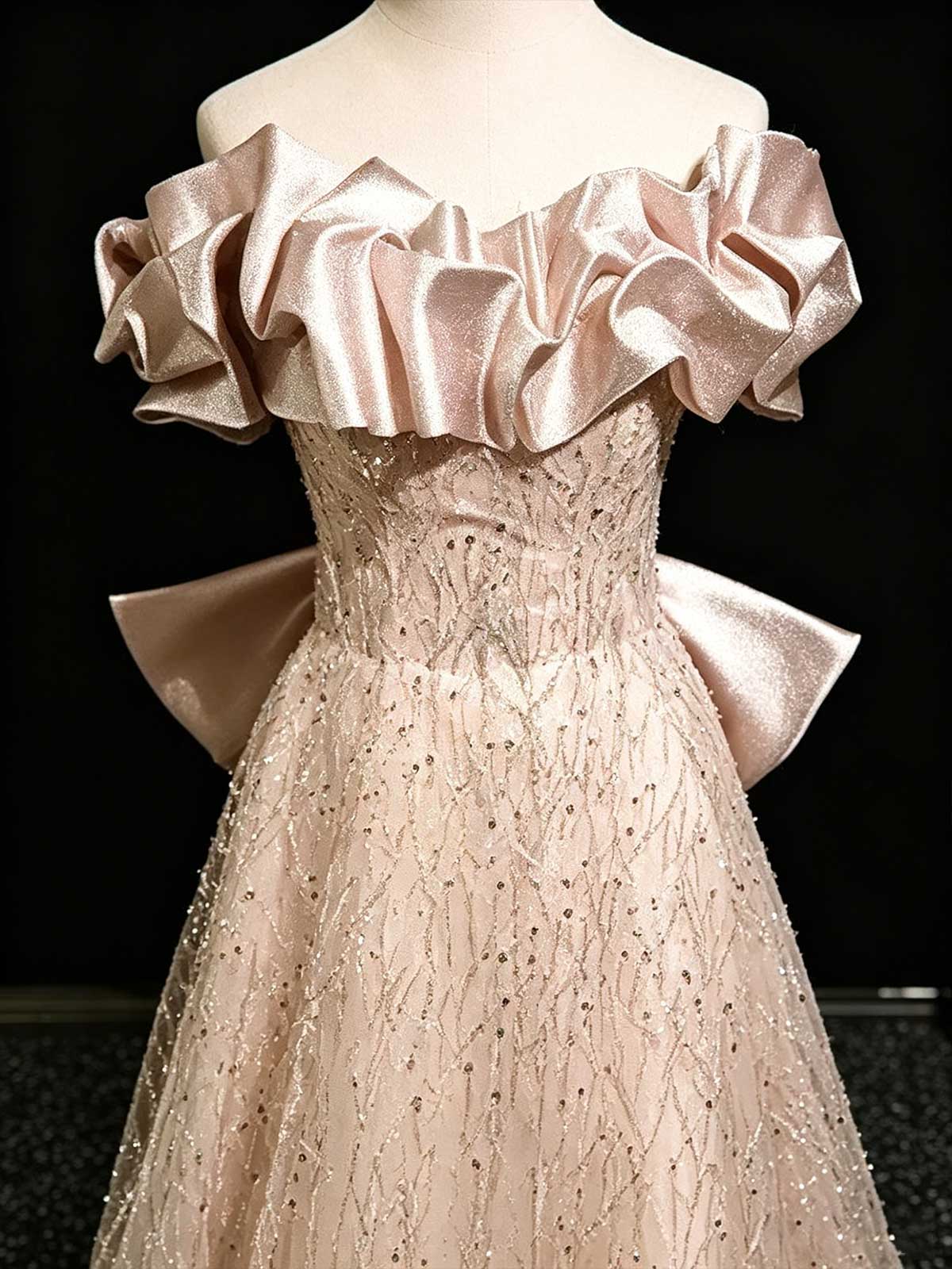 Champagne Pink Off-the-Shoulder Beaded Tulle Ball Gown with Bow Back
